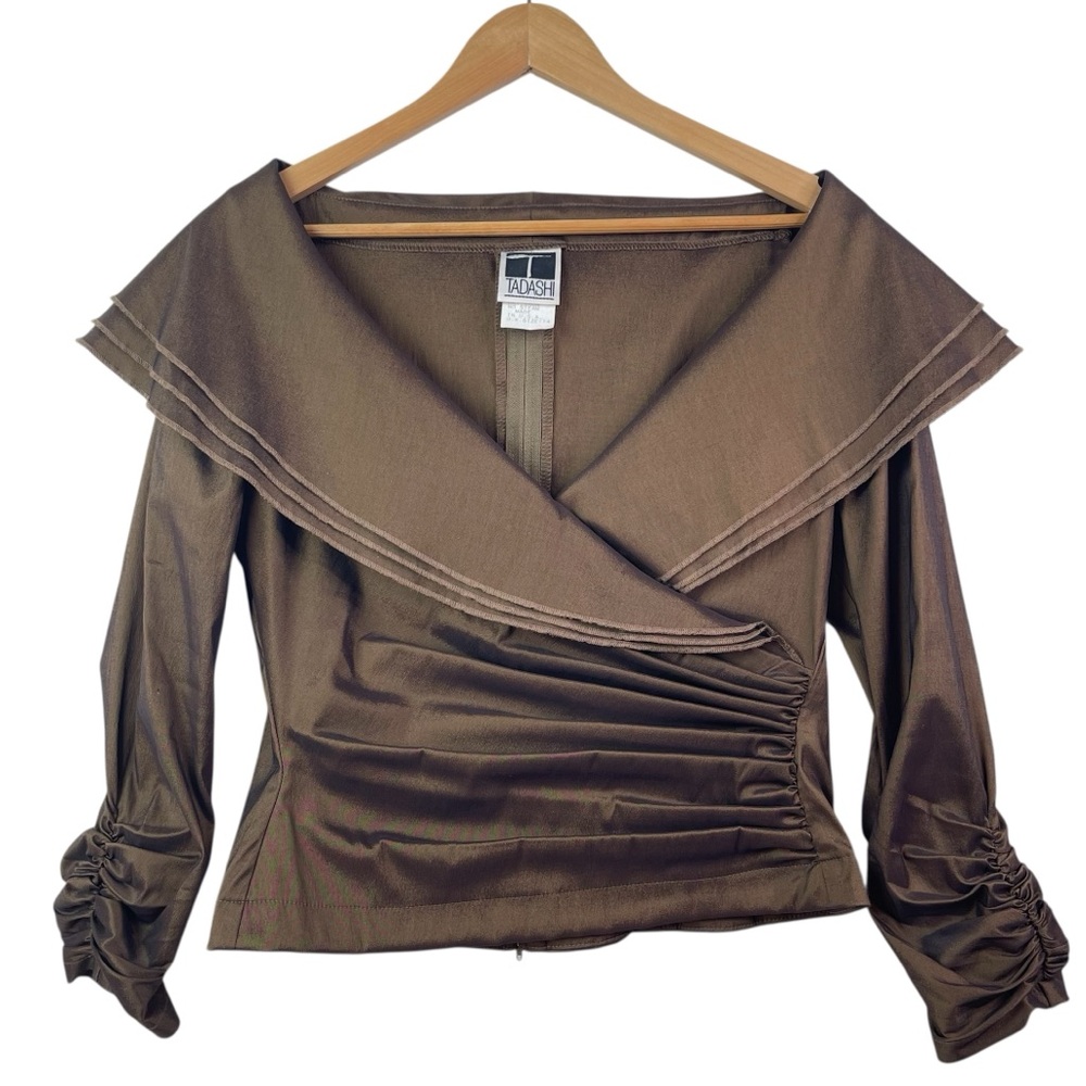 Tadashi Shoji Vintage Faux Wrap Iridescent Brown Taffeta Formal Evening Top 12